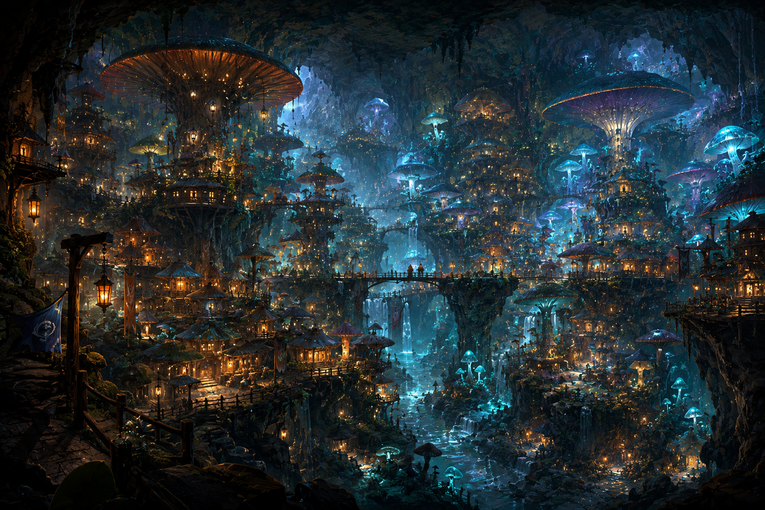 Giantcap Grotto — a vast underground city lit by bioluminescent mushrooms